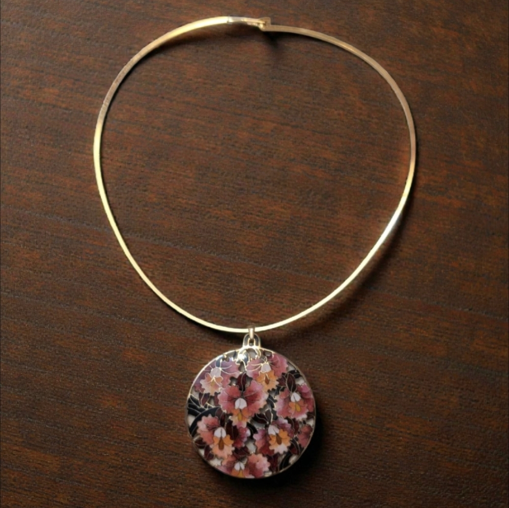 Vintage Cloisonne Orchid Pendant Necklace with Blue Back Enamel, Rigid Gold Tone